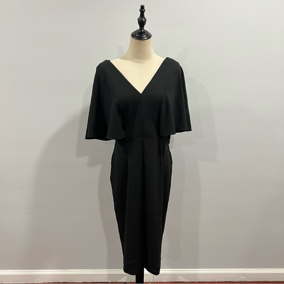 BETSY & ADAM Black Flutter V Neck Knee Length Party Sheath Dress - Reemoly - Picture 5 of 15